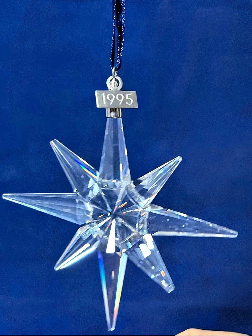 Swarovski 1995 Annual Christmas Star Ornament Crystal Austria Blue Ribbon